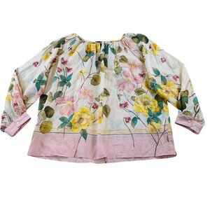 Fifteen Twenty Women's SZ Medium Beige and Pink floral, Long Sleeved Blouse